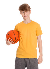 Teenage boy with basketball ball on white background