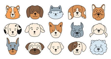 Obraz premium Dog faces emotion cartoon outline character set. Cute puppy kawaii head muzzle doodle icon. Smiling funny childish doggy pet baby comic flat sticker. Illustration template for kid card, poster, cover