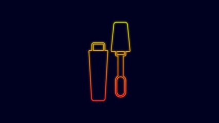 Glowing neon line Mascara brush icon isolated on blue background. 4K Video motion graphic animation