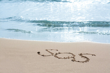 Message SOS drawn on sandy beach near sea