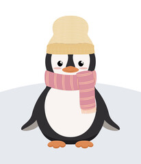Pingwin w ciepłej wełnianej czapce i szaliku w paski. Urocza zimowa ilustracja. Wektorowa ilustracja w płaskim stylu.	 - 555291651