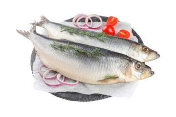 Slate plate with salted herrings, onion rings, dill and cherry tomatoes isolated on white