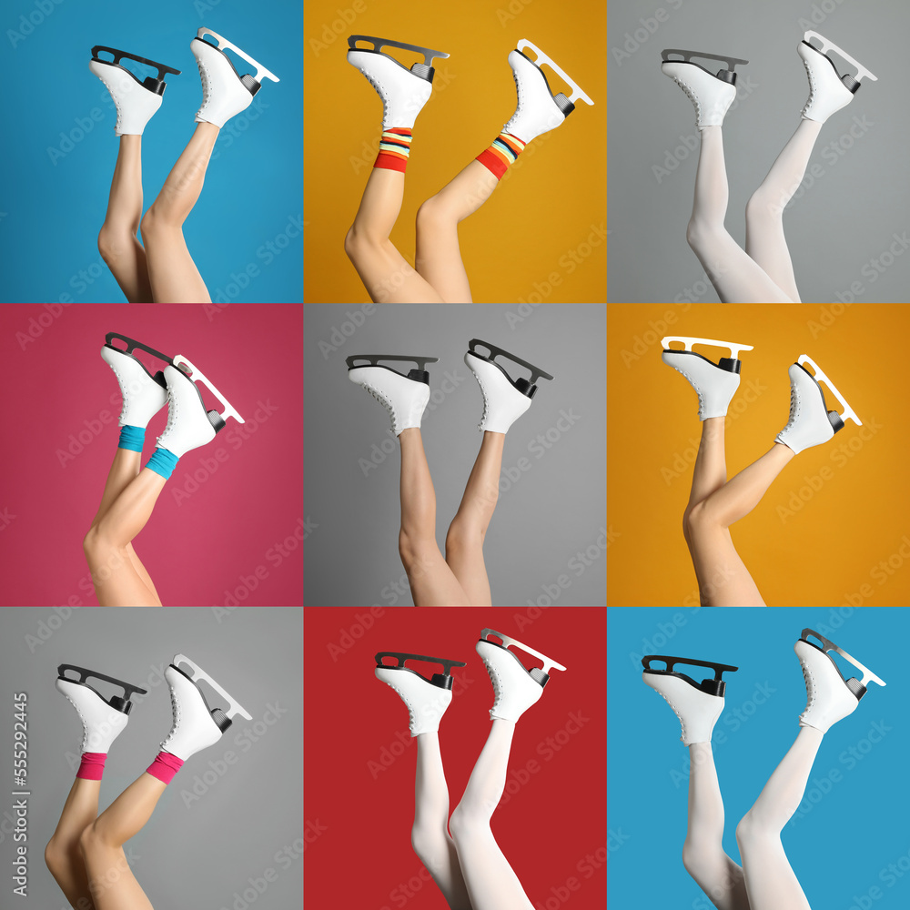 Poster Collage with photos of women in ice skates on different color backgrounds, closeup view of legs