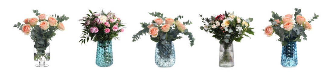 Collage with beautiful flowers in different glass vases on white background. Banner design - obrazy, fototapety, plakaty