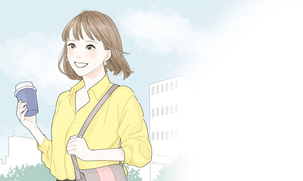 Illustration of a woman walking with her eyes raised and smiling.