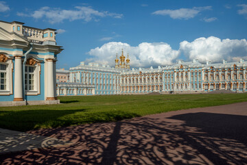 View of the Catherine Palace and the palace church in the Catherine Park in Tsarskoye Selo in the sunny summer day, Pushkin, St. Petersburg, Russia
