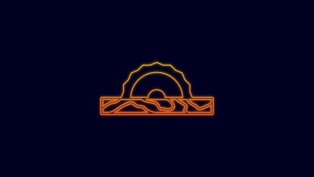 Glowing neon line Electric circular saw with steel toothed disc icon isolated on blue background. Electric hand tool for cutting wood or metal. 4K Video motion graphic animation