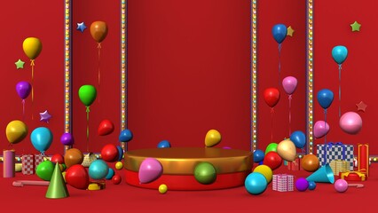 Red stage balloon giftbox lighting scene award. 3d rendering