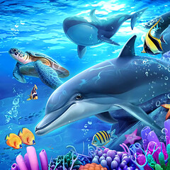 Fototapeta na wymiar Dolphin, turtle dan fish in the sea