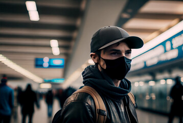 A man wearing face mask standing in the airport image created with Generative AI technology.