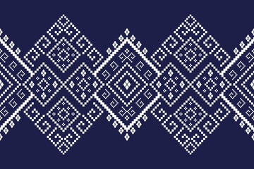 Blue cross stitch traditional ethnic pattern paisley flower Ikat background abstract Aztec African Indonesian Indian seamless pattern for fabric print cloth dress carpet curtains and sarong