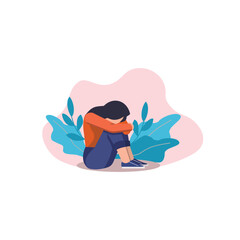 Depressed sad lonely woman in anxiety, sorrow vector cartoon illustration. Loneliness concept of depression with stressed girl sitting and holding her knees need psychotherapy help, empathy, support