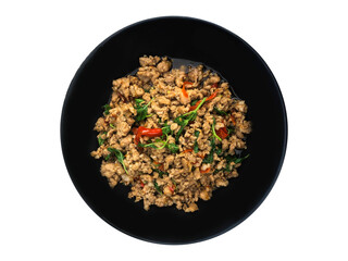 stir-fried pork and basil isolated on white background, top view