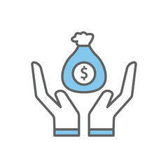 Hand icon illustration with money bag. Investment symbol. Two tone icon style. suitable for apps, websites, mobile apps. icon related to finance. Simple vector design editable