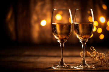 Celebrating Christmas with champagne, two glasses standing on the table in warm lighting