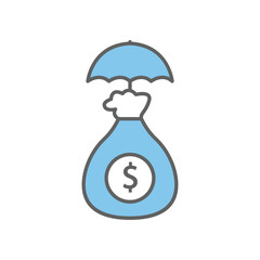 Money bag icon illustration with umbrella. Insurance symbol. Two tone icon style. suitable for apps, websites, mobile apps. icon related to finance. Simple vector design editable