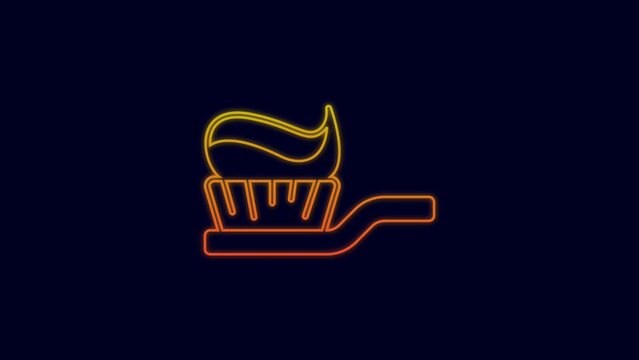 Glowing neon line Toothbrush with toothpaste icon isolated on blue background. 4K Video motion graphic animation