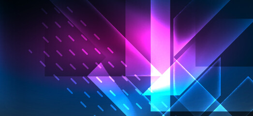 Obraz premium Background neon glowing lines and geometric shapes. Lights in the dark wallpaper for concept of AI technology, blockchain, digital, communication, 5G, science