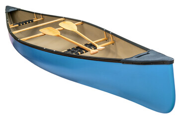 blue tandem canoe with a pair of wooden paddles,  transparent background - obrazy, fototapety, plakaty