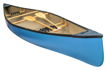blue tandem canoe with a pair of wooden paddles,  transparent background