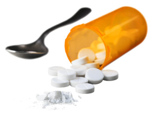 Medicines, supplements and drugs in a bottle with spoon