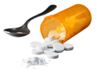 Medicines, supplements and drugs in a bottle with spoon