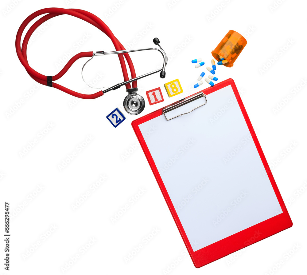 Poster Medical stethoscope and blank paper with tablets