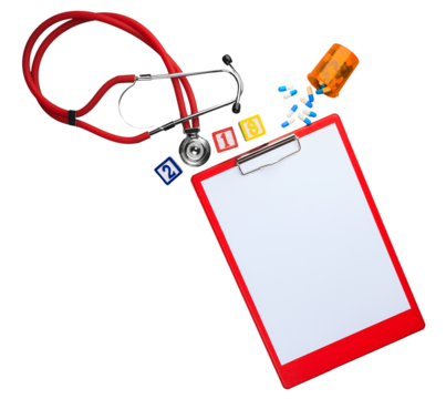 Medical stethoscope and blank paper with tablets