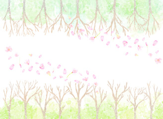 木が立ち並ぶ風景に桜の花びらが舞うイラスト素材。春の訪れを表現した背景フレーム。