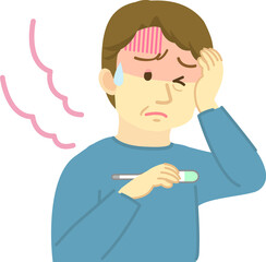 イラスト素材：新型コロナウイルスワクチン接種の注射後の副反応症状シリーズ　中高年の男性　発熱（透過背景）
