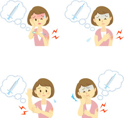 イラスト素材：若い女性が新型コロナウイルスワクチン接種の注射後に副反応の症状がでる様子　セット（透過背景）
