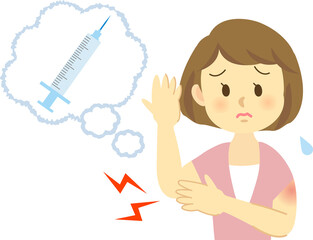 イラスト素材：若い女性が新型コロナウイルスワクチン接種の注射後の副反応症状シリーズ　関節痛（透過背景）
