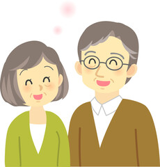 イラスト素材:老夫婦が向かい合って寄り添い微笑み合うほのぼのとした場面（透過背景）
