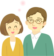 Obraz premium イラスト素材:若夫婦が向かい合って寄り添い微笑み合うほのぼのとした場面（透過背景） 