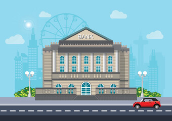 Bank building street with city skyline behind background. Flat vector illustration.