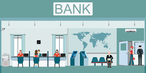 Front view of bank building exterior and interior with counter service, cashier, consulting, financial services  and atm business finance vector illustration.