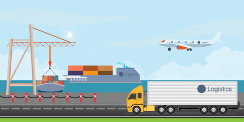 Logistics infographic elements and transportation, cargo ship, Air export cargo trucking Freight Storage goods, logistics conceptual vector illustration.