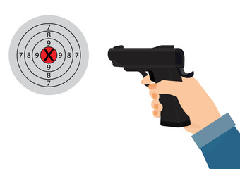 Shooting range. Shooting with a gun. Measuring to a paper target on the shooting range isolated vector illustration.