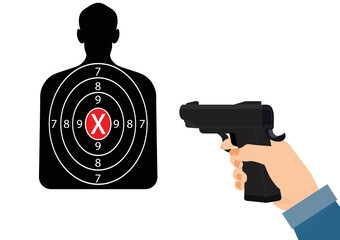 Shooting with a gun. Measuring to a paper target on the shooting range. Shooting range, vector illustration.