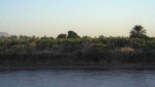Desert Mountain, Nile River and Farms at Sunset in Nile River, Upper Egypt