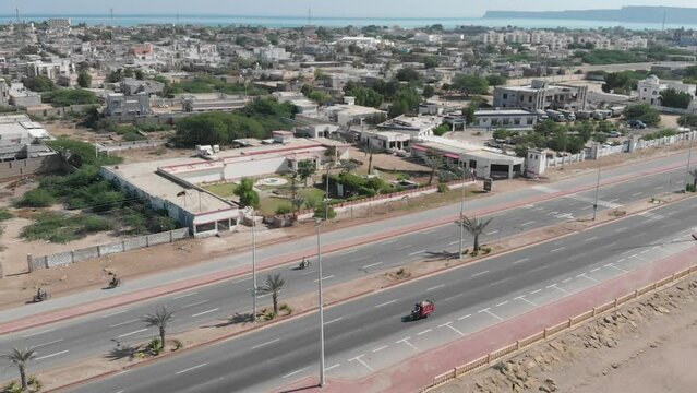 Aerial shot of street and houses of gawadar balochistan . 