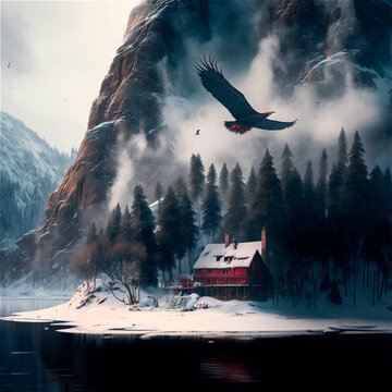 Entorno nevado, volando sobre la casa del lago