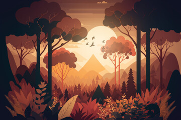 flat design vector illustration of summer sunset nature jungle forest landscape