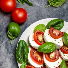 Caprese salad with fresh mozzarella, ripe tomatoes, and basil on a plate. Italian cuisine. Generative AI 