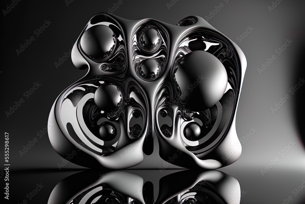Poster fluid futuristic forms on a black and white backdrop, like a monochrome metaball with an organic str