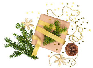 Christmas decoration with gift and fir branches