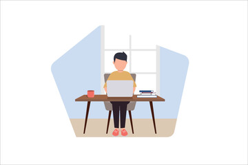 Man sits at a table, works at a computer at home. Remote work, freelance, home office, programming, training. Vector illustration