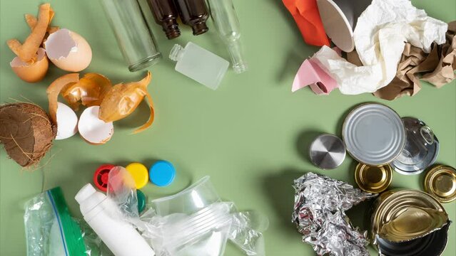 Messy rubbish moving, sorting by types of metal, organic, glass, plastic, paper on green studio background. Separation and reusing, Global crisis and survival problem. Endless stop motion video, above