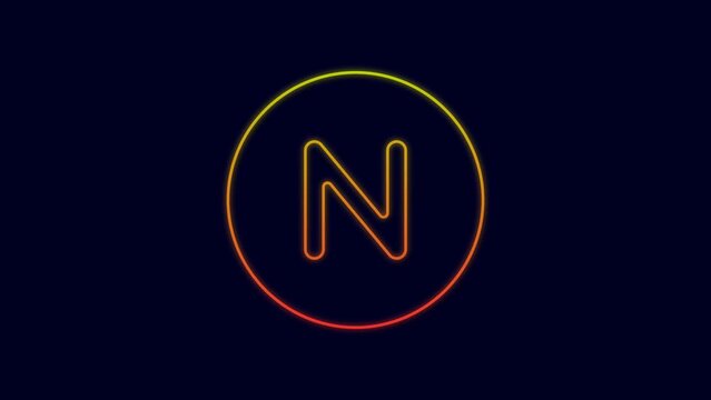 Glowing neon line Compass north icon isolated on blue background. Windrose navigation symbol. Wind rose sign. 4K Video motion graphic animation