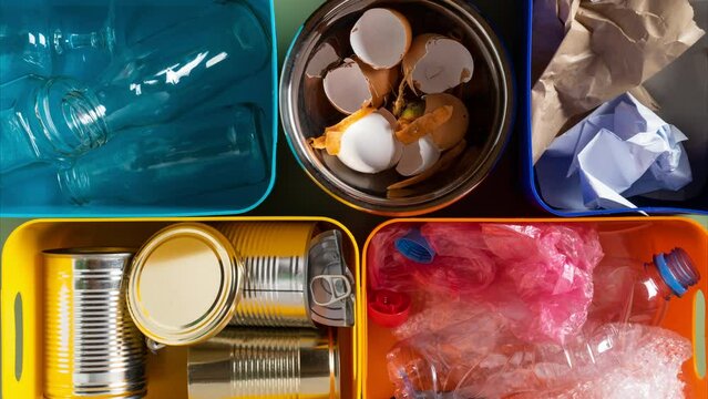 Looped video of multicolored plastic containers moving to the center and filling with different sort of waste and rubbish, like organic food, paper, plastic, can, metal and moving out. Stop motion
